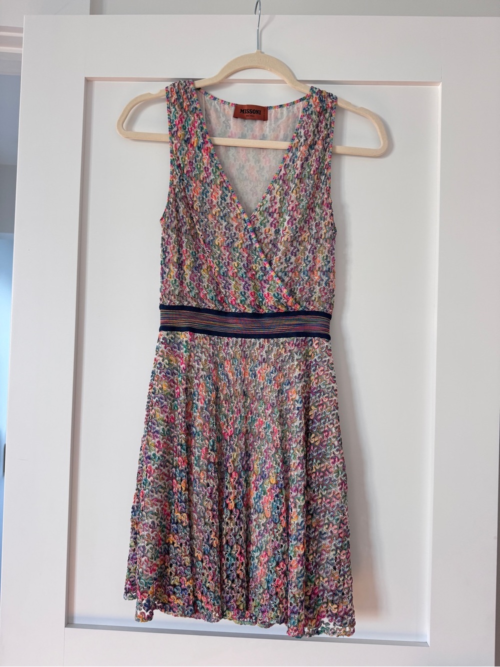 Missoni Multicolor Knit V-Neck Sleeveless Mini Dress with Striped Waist